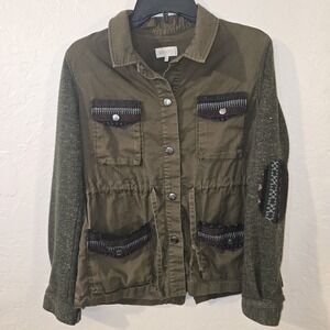 Renvy utility Jacket Blazer Snap Front Womens XS Elbow patches waist cinch Green